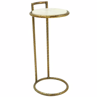 Modern brass and marble drink table with round white marble top and hammered brass frame — elegant accent table for living room or lounge.