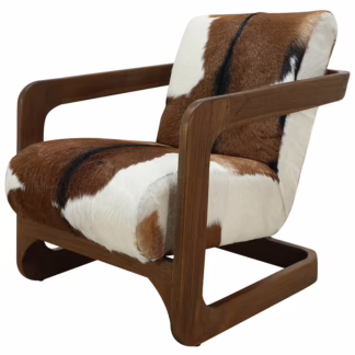 Lucas Natural Teak Chair, Brown and White Hide