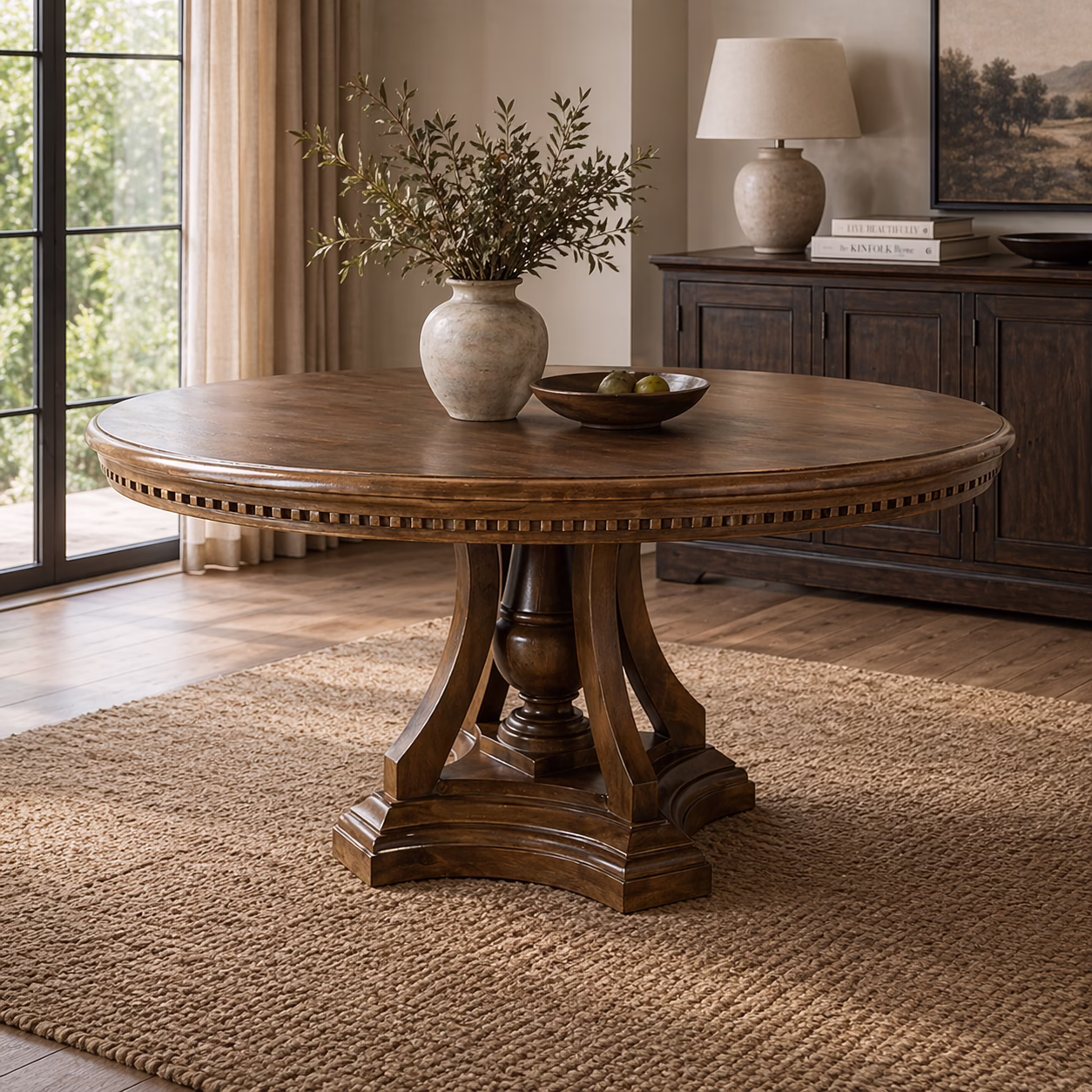 Galet 63'' Round Solid Wood Dining Table, Hand-Finished Patina 2 Galet round dining table solid wood 63 inch seating for 4 to 6 people