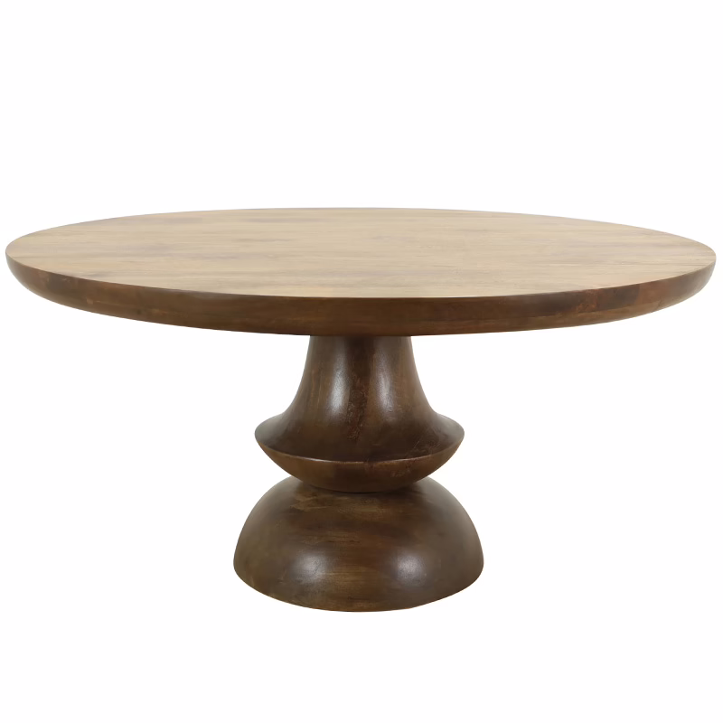 Round Solid Wood Dining Table Modern Pedestal Base | Luxury Dining Furniture Houston USA Home Source Furniture Round solid wood dining table with sculpted pedestal base in walnut finish elegant handcrafted furniture for Houston and nationwide homes