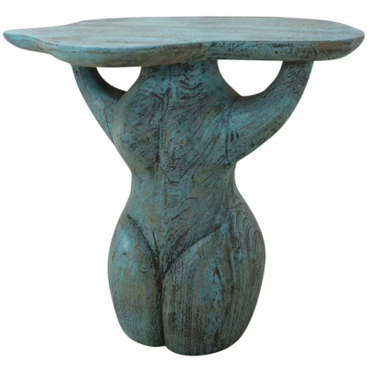 Turquoise sculptural accent table with artistic human-form base and weathered patina finish — modern art-inspired side table.