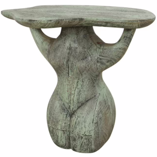 Green sculptural accent table with abstract human-form base and textured stone finish — artistic modern side table.