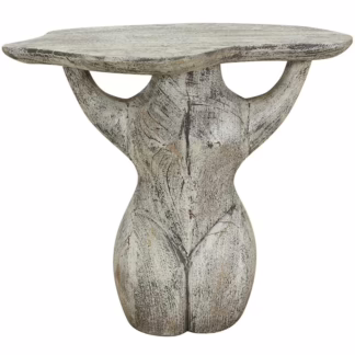 Artistic sculpted accent table with human form base and rustic stone finish — contemporary statement side table.