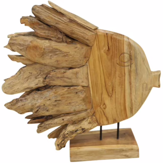 Handcrafted wooden fish sculpture made from natural driftwood and teak with rustic coastal design on a wooden base.