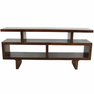 Modern solid wood console table with open geometric shelving in a warm walnut finish, handcrafted for living or entry spaces.