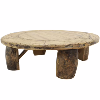 Angled view showing thickness and aged wood texture of reclaimed wheel coffee table