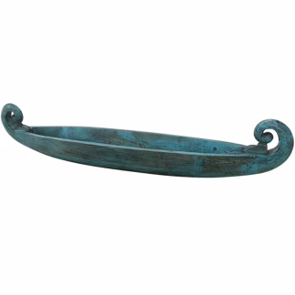Side angle of blue carved wooden boat tray