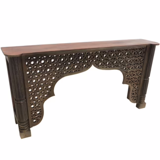 Angled view of hand carved teak wood console table