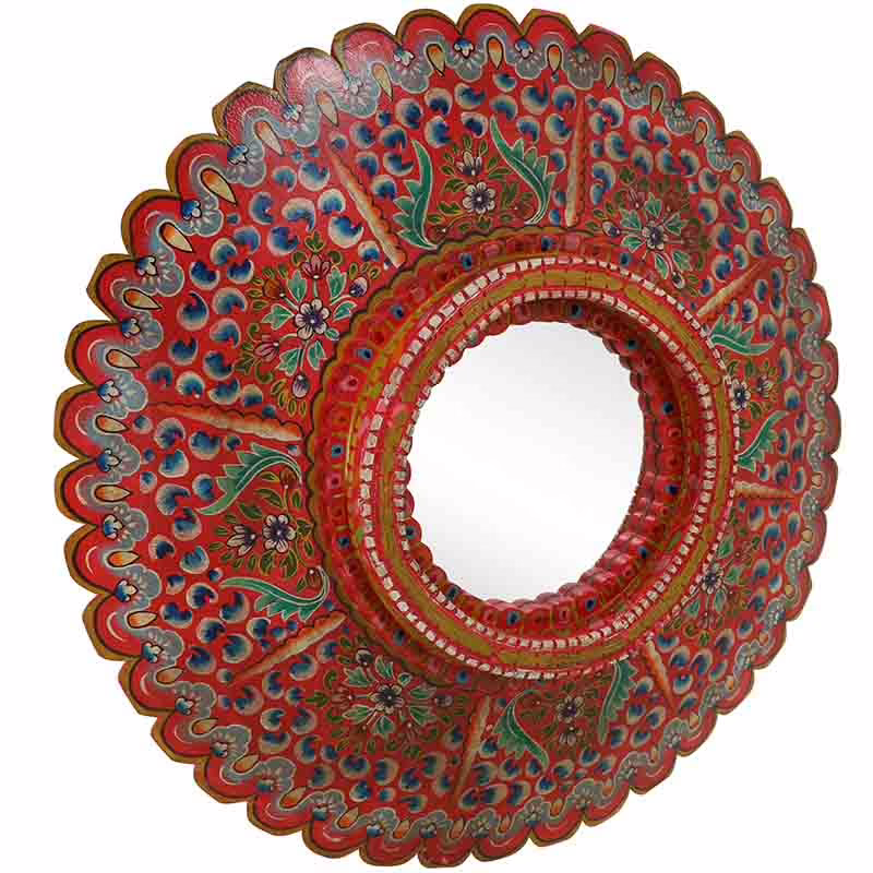 Mandapa Bold Hand Painted Indian Wall Mirror MSI 956 5 Angled view of carved wood hand painted Indian wall mirror