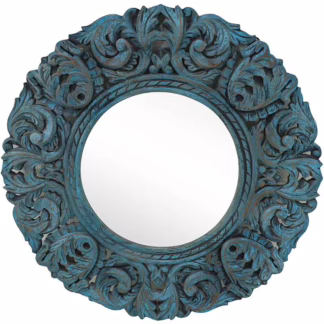 Hand carved blue round wall mirror with ornate floral frame