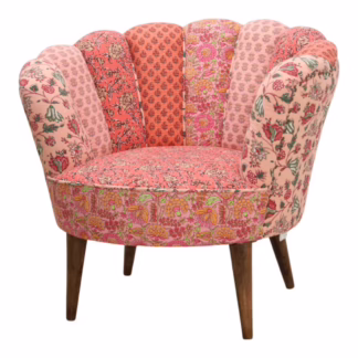 clara floral accent chair angled view showing curved arms and mixed floral upholstery