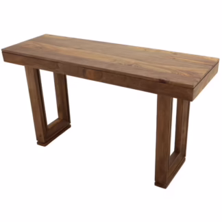 Angled view of a thick wood console table showing substantial top and structural base