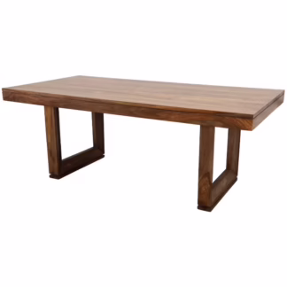 Side perspective showing open base spacing and wood grain surface of a rectangular dining table, Kessler Solid Wood Dining Table