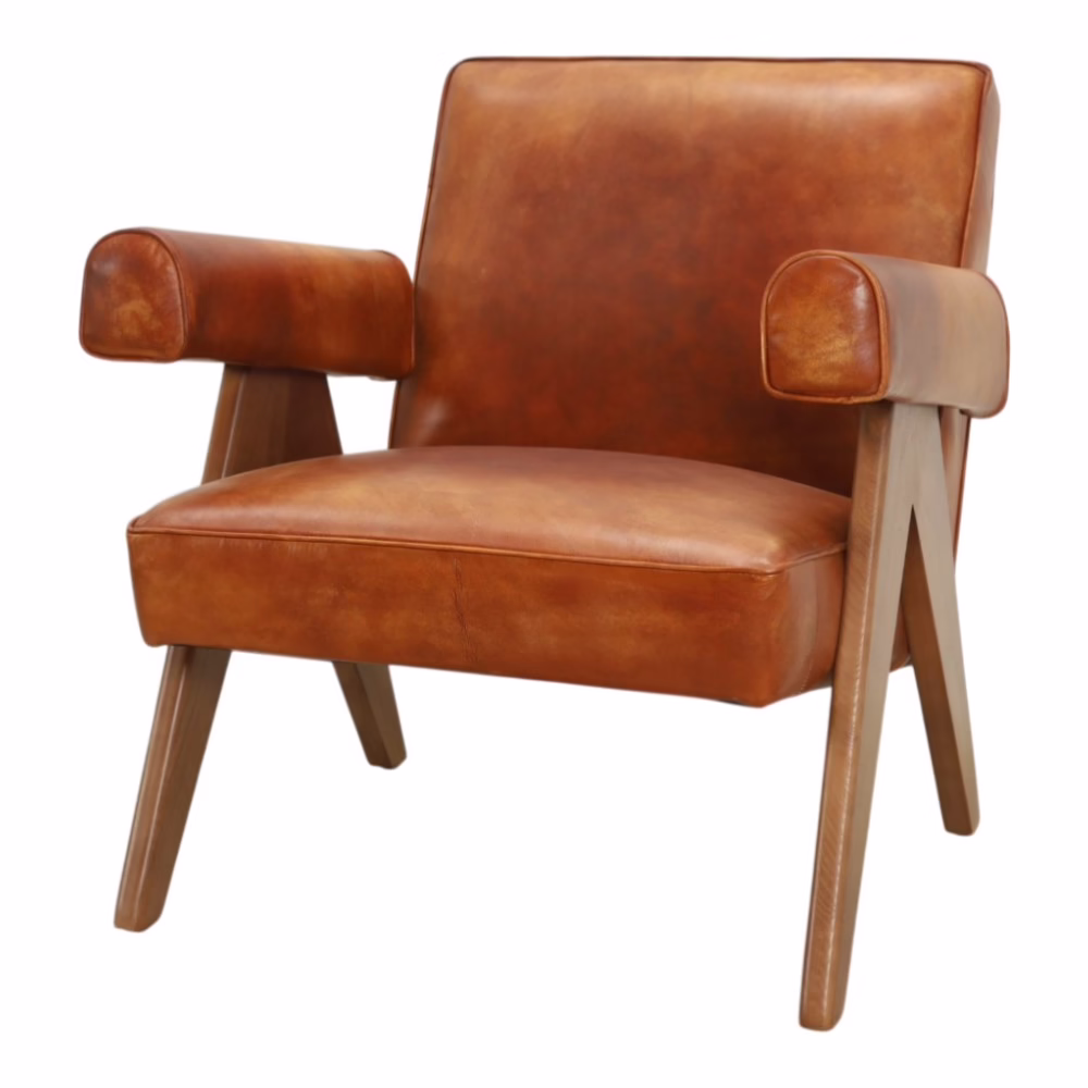 Dresden Leather Lounge Chair, Kerry Brown 1 angled view of brown leather accent chair showing wood frame and leather upholstery