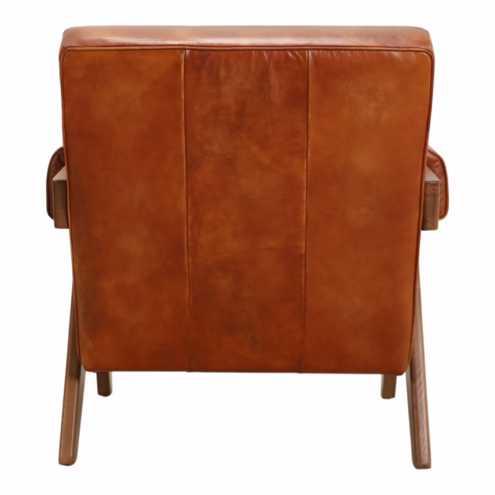 Dresden Leather Lounge Chair, Kerry Brown 6 back view of brown leather accent chair showing stitched leather panels and wood frame