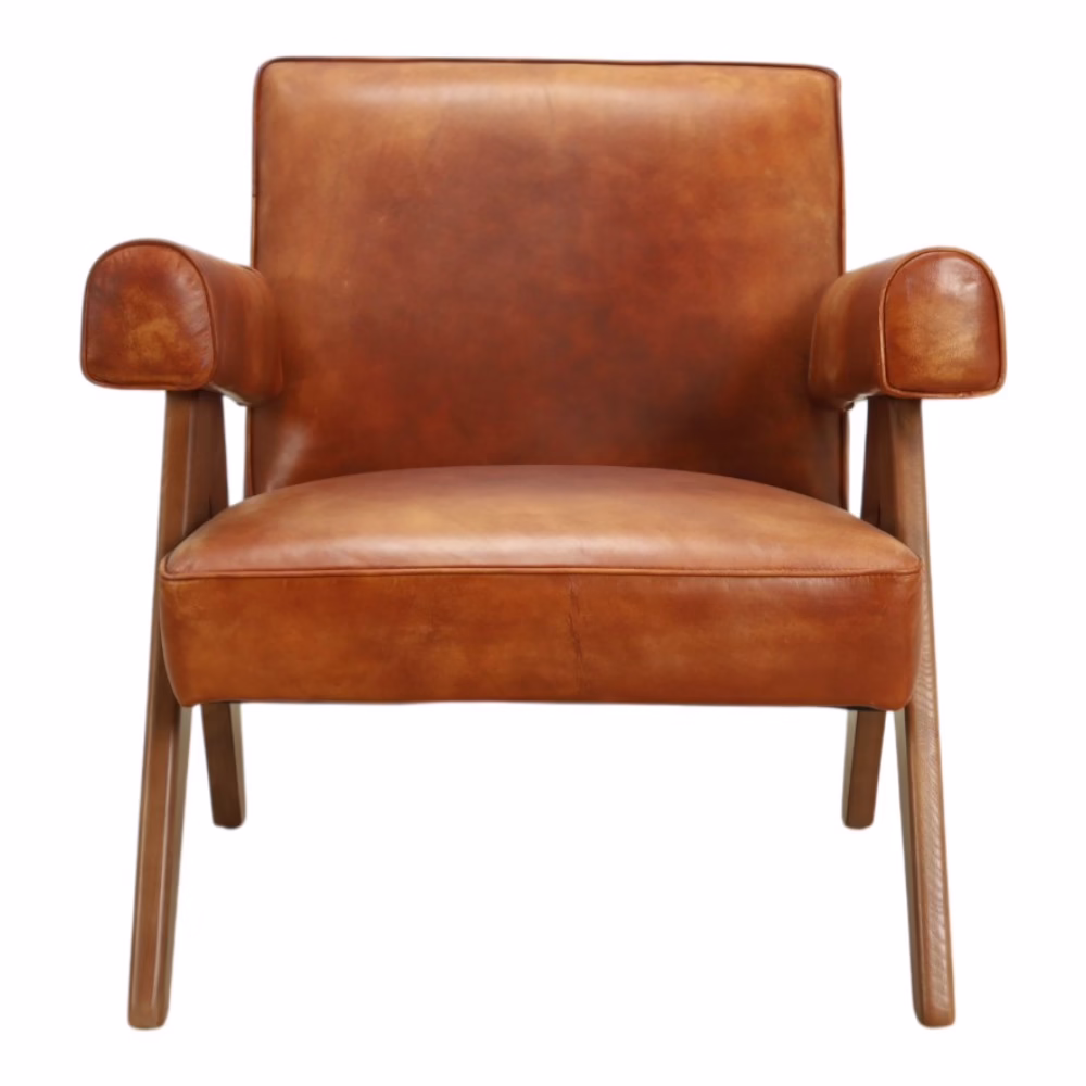 Dresden Leather Lounge Chair, Kerry Brown 3 front view of brown leather accent chair showing wide seat and cylindrical armrests