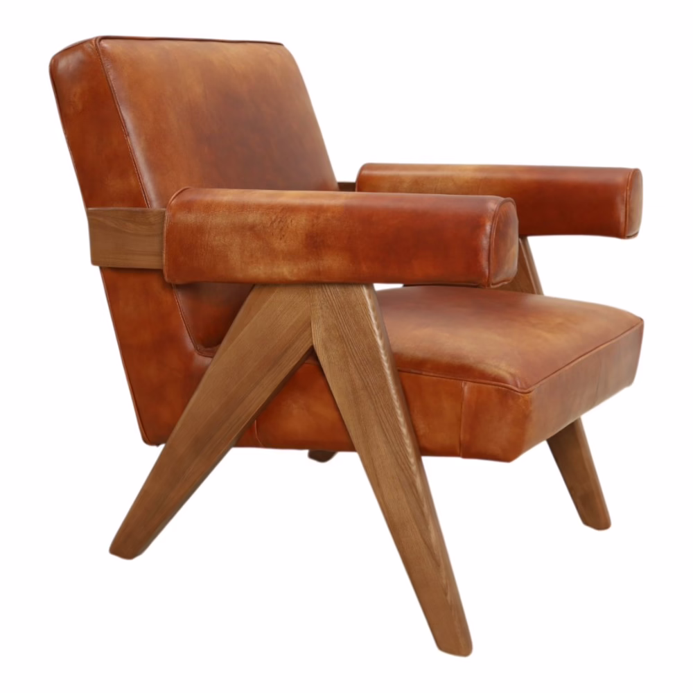 Dresden Leather Lounge Chair, Kerry Brown 4 close up of cylindrical leather armrest showing natural leather grain texture on brown leather accent chair
