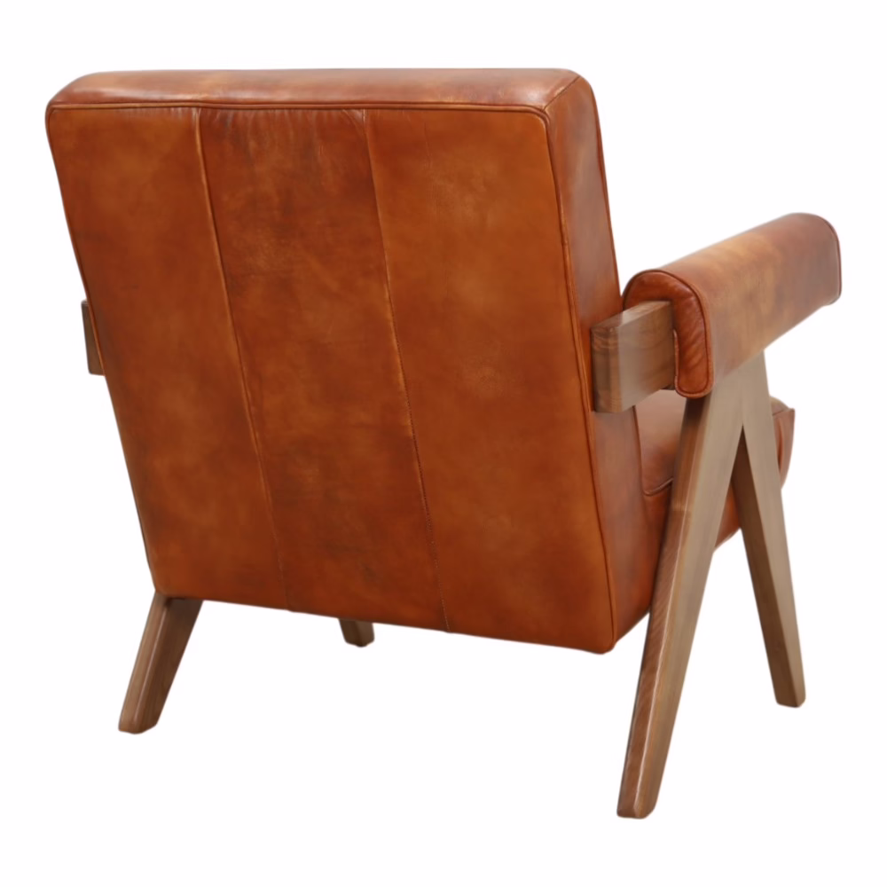 Dresden Leather Lounge Chair, Kerry Brown 5 rear angled view of brown leather accent chair showing wood frame connection and leather back