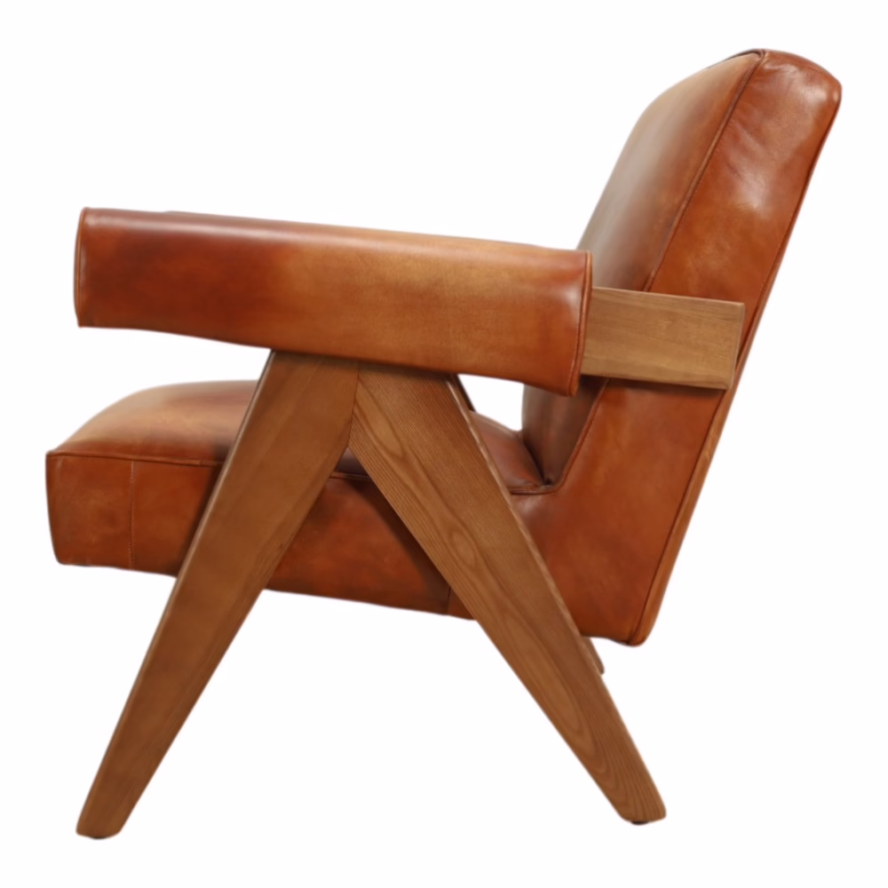Dresden Leather Lounge Chair, Kerry Brown 8 side profile of brown leather accent chair with angled A-frame wood legs and support
