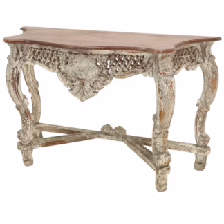 hand carved wooden console table angled view showing detailed lattice carving