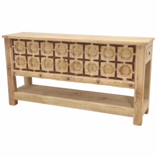 carved teak console table with iron cross front detail