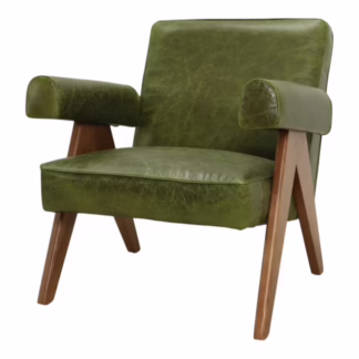 green leather accent chair angled view showing wood frame and arm detail