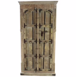 reclaimed wood armoire cabinet with original haveli doors and iron hardware front view