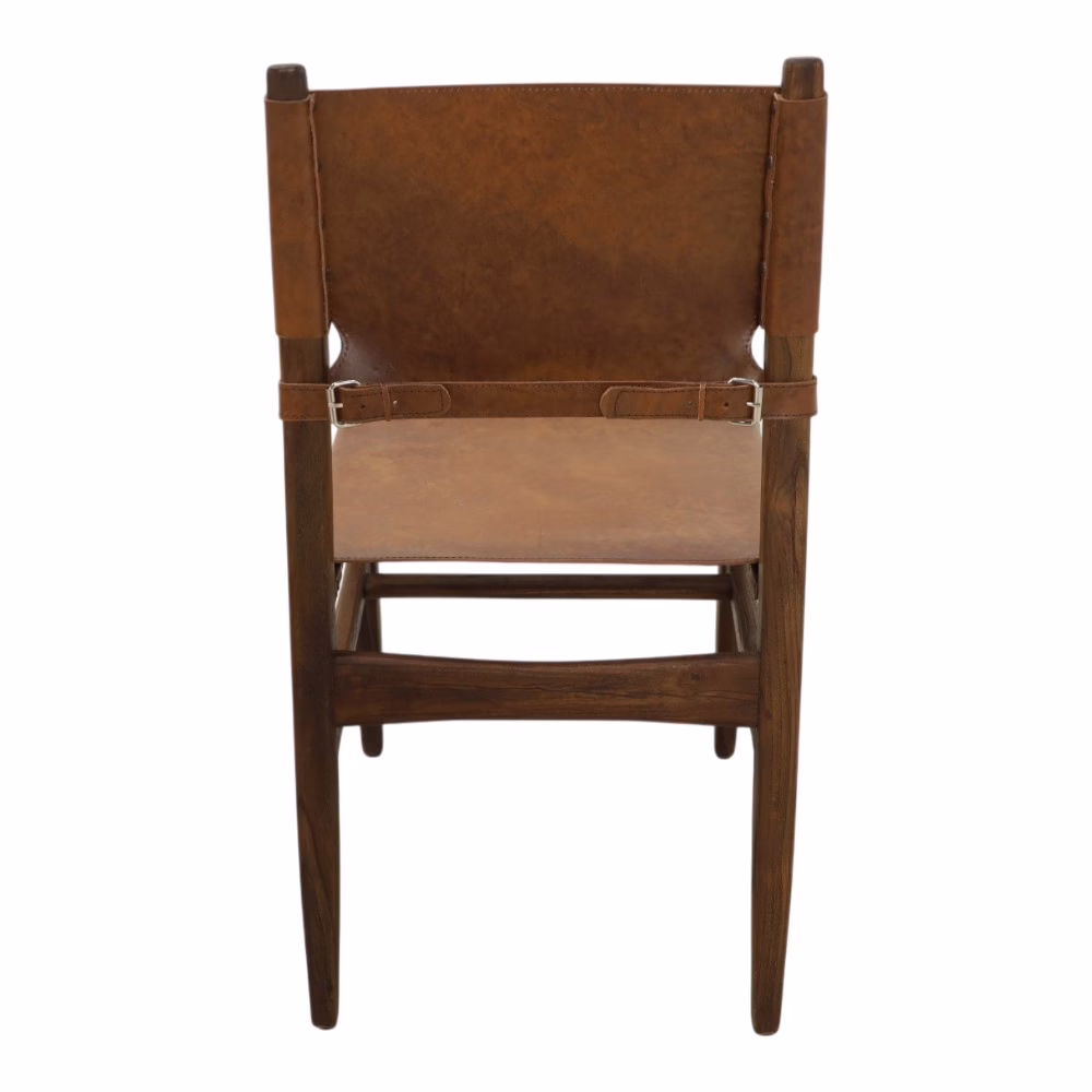 Rune Leather Dining Chair, Solid Teak Wood Frame 4 Rune walnut leather dining chair back with strap and buckle detail