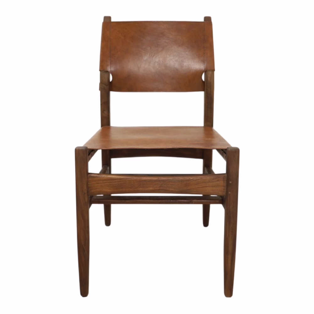 Rune Leather Dining Chair, Solid Teak Wood Frame 5 Rune walnut leather dining chair front showing seat and stretcher base