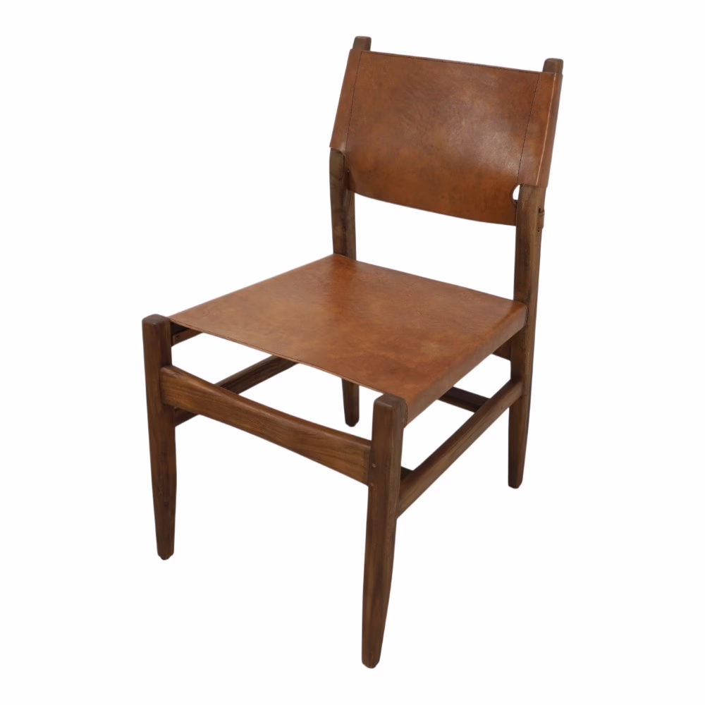 Rune Leather Dining Chair, Solid Teak Wood Frame 8 Rune walnut leather dining chair with solid wood frame and strap back detail