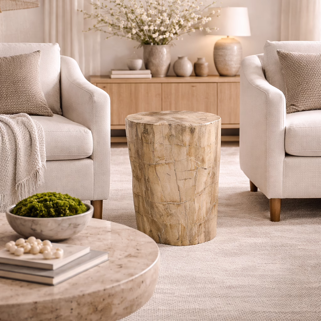 Finest Quality Petrified Wood End Table, RIS 838 B 2 solid petrified wood end table styled between two chairs in neutral living room