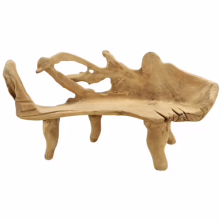 teak root bench with sculptural natural wood form and open void structure