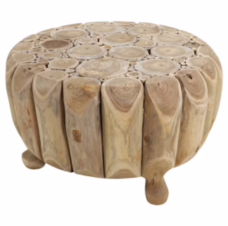 teak root coffee table with rounded shape and solid wood construction