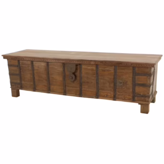 teak antique storage chest angled view showing depth and surface wear
