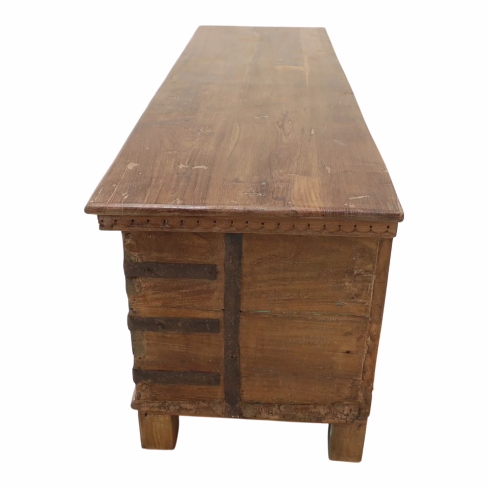 Antique Lift-Top Storage Chest MSI 761, Teak Wood 5 teak antique storage chest side view showing solid wood plank construction