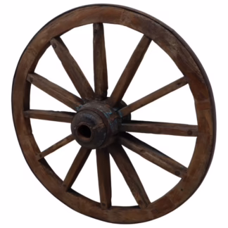 wooden wagon wheel wall decor angled view showing spoke construction
