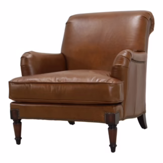 Woodford Brown Leather Accent Chair angled view showing nailhead trim and wood legs
