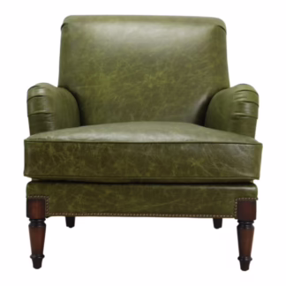Woodford Green Leather Accent Chair front view with rolled arms and nailhead trim