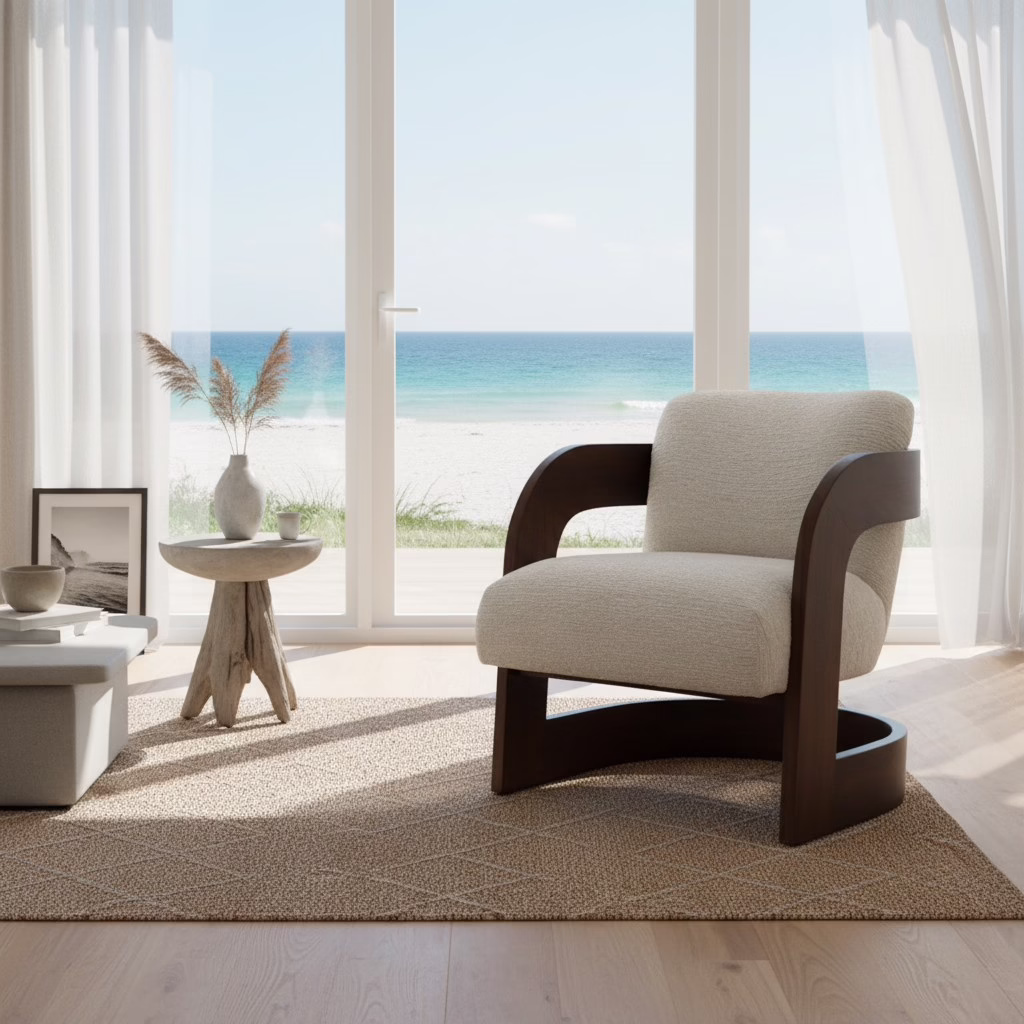 Aiko Upholstered Accent Chair, Brown 10 Aiko accent chair in light walnut finish styled in a bright coastal modern living room near the beach