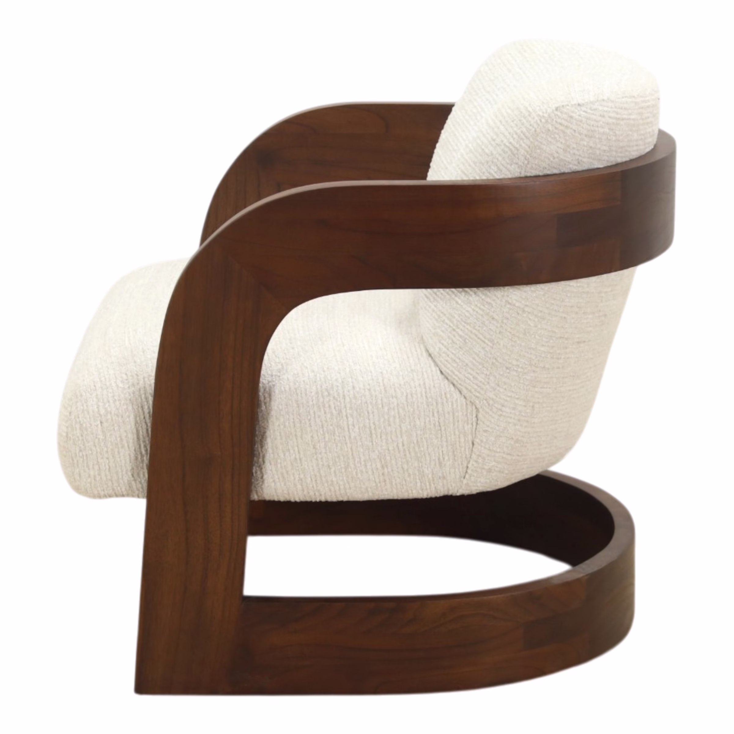 Aiko Upholstered Accent Chair, Brown 4 Side profile of the Aiko accent chair highlighting the wraparound curved walnut base structure