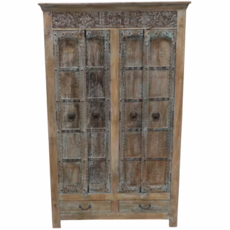 Front view of antique door storage cabinet with carved wood panels and aged reclaimed finish