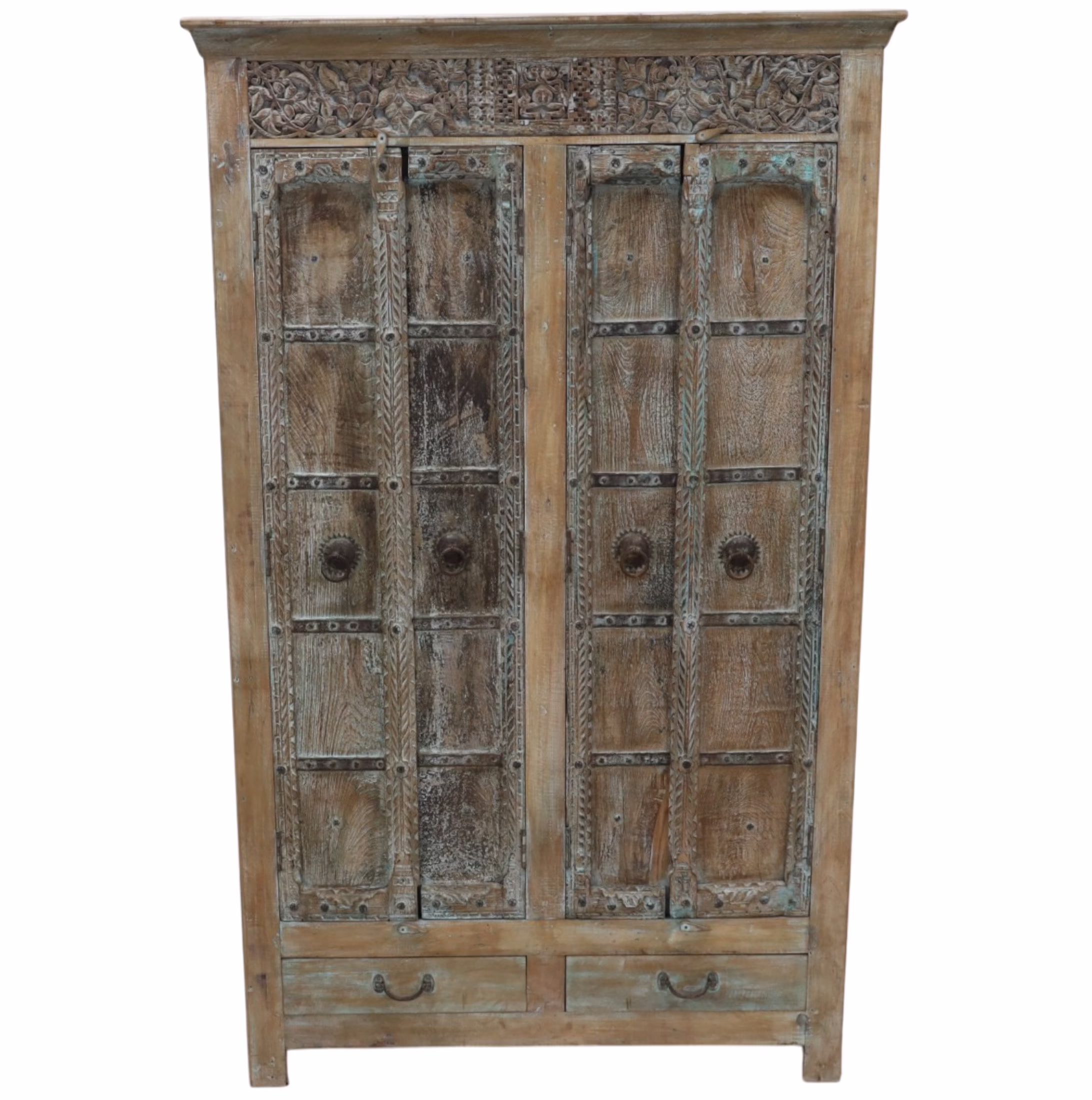 Cabinet Hand-Crafted with Antique Doors, MSI 938 1 Front view of antique door storage cabinet with carved wood panels and aged reclaimed finish