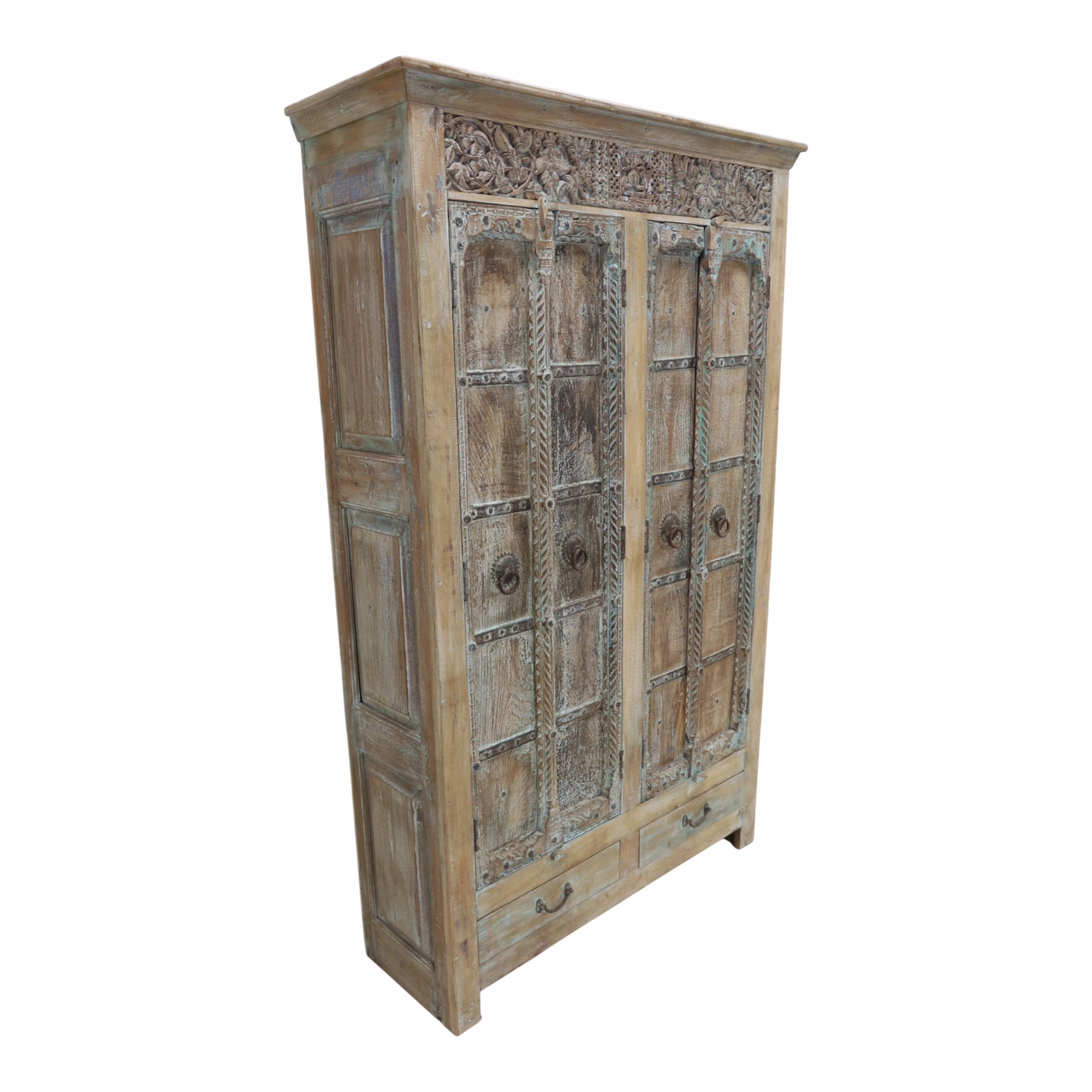 Cabinet Hand-Crafted with Antique Doors, MSI 938 3 Angled side view of antique door storage cabinet showing reclaimed wood construction and carved panel doors