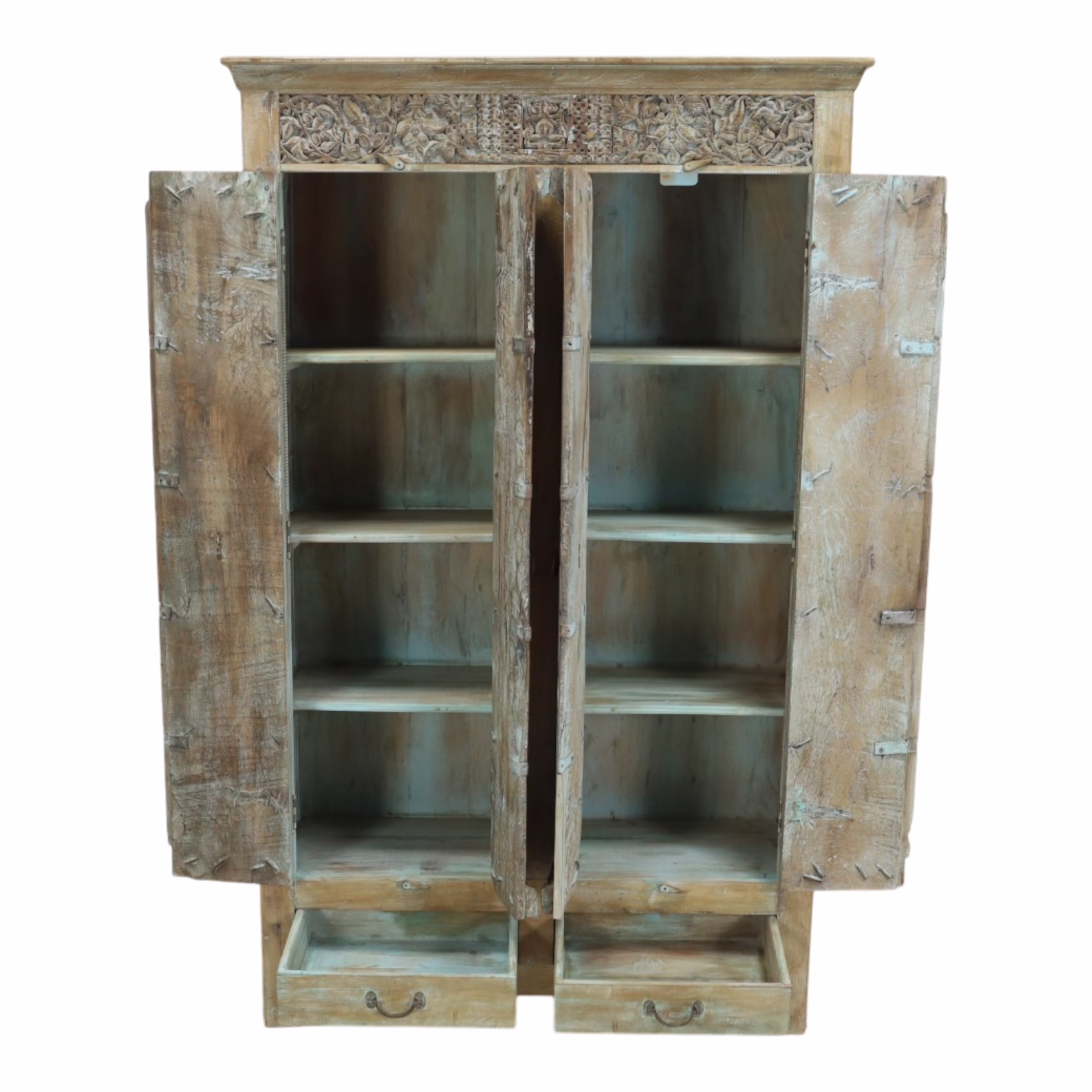 Cabinet Hand-Crafted with Antique Doors, MSI 938 4 Antique door storage cabinet opened to reveal interior shelving and lower drawers in reclaimed aged wood