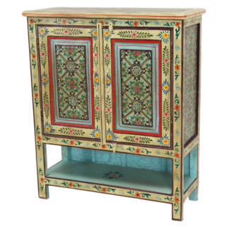 Artisan Hand Painted Accent Cabinet shown from front angle with painted floral patterns