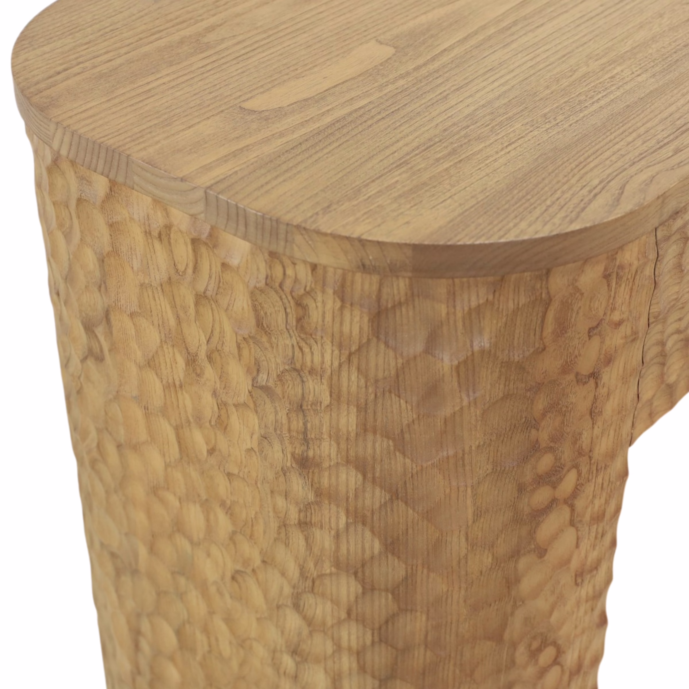 Bogato 55" Solid Oak Console Table, Natural 6 Close-up detail of Bogato solid oak console table showing carved craftsmanship and oak grain