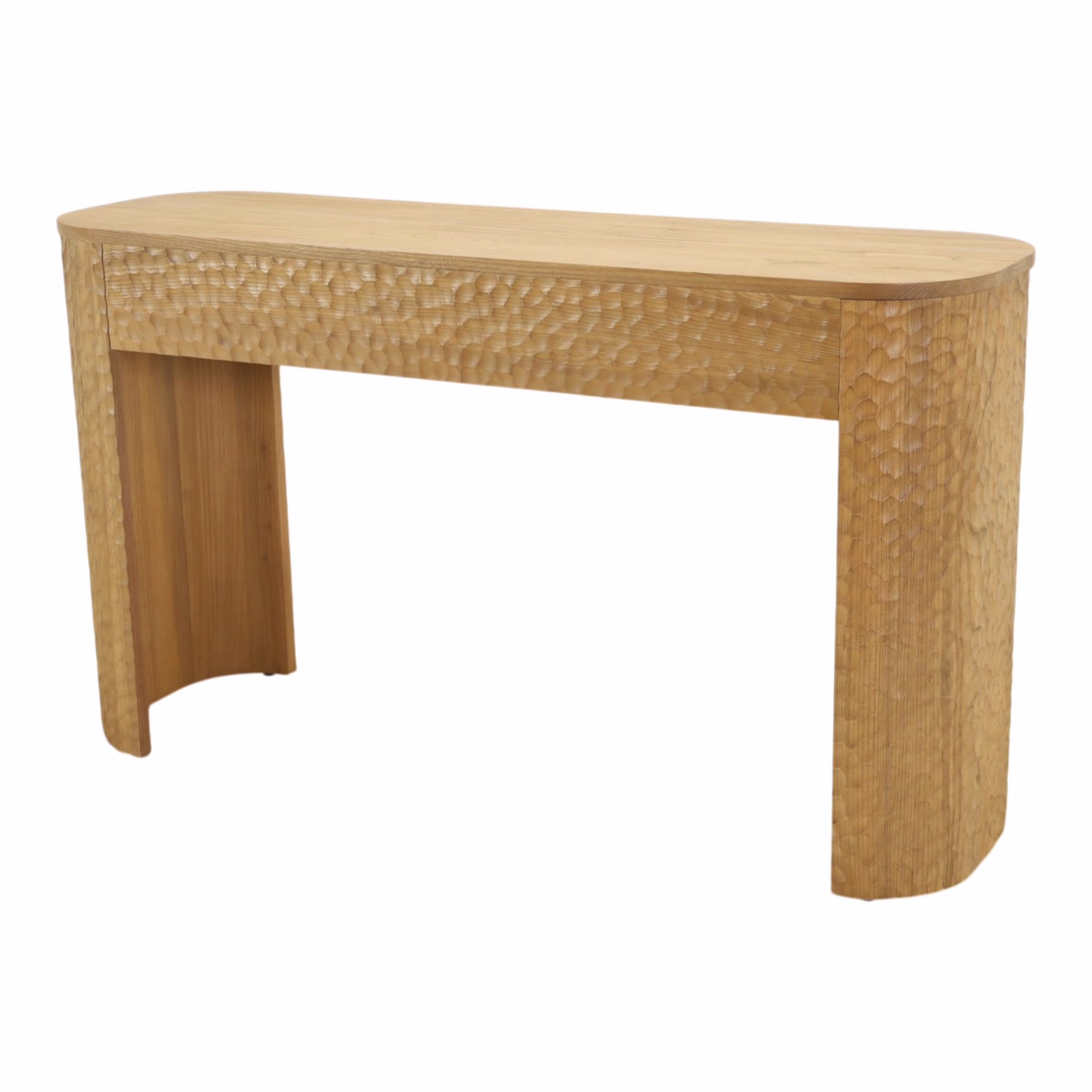 Bogato 55" Solid Oak Console Table, Natural 7 Angled view of Bogato solid oak console table with rounded carved wood structure
