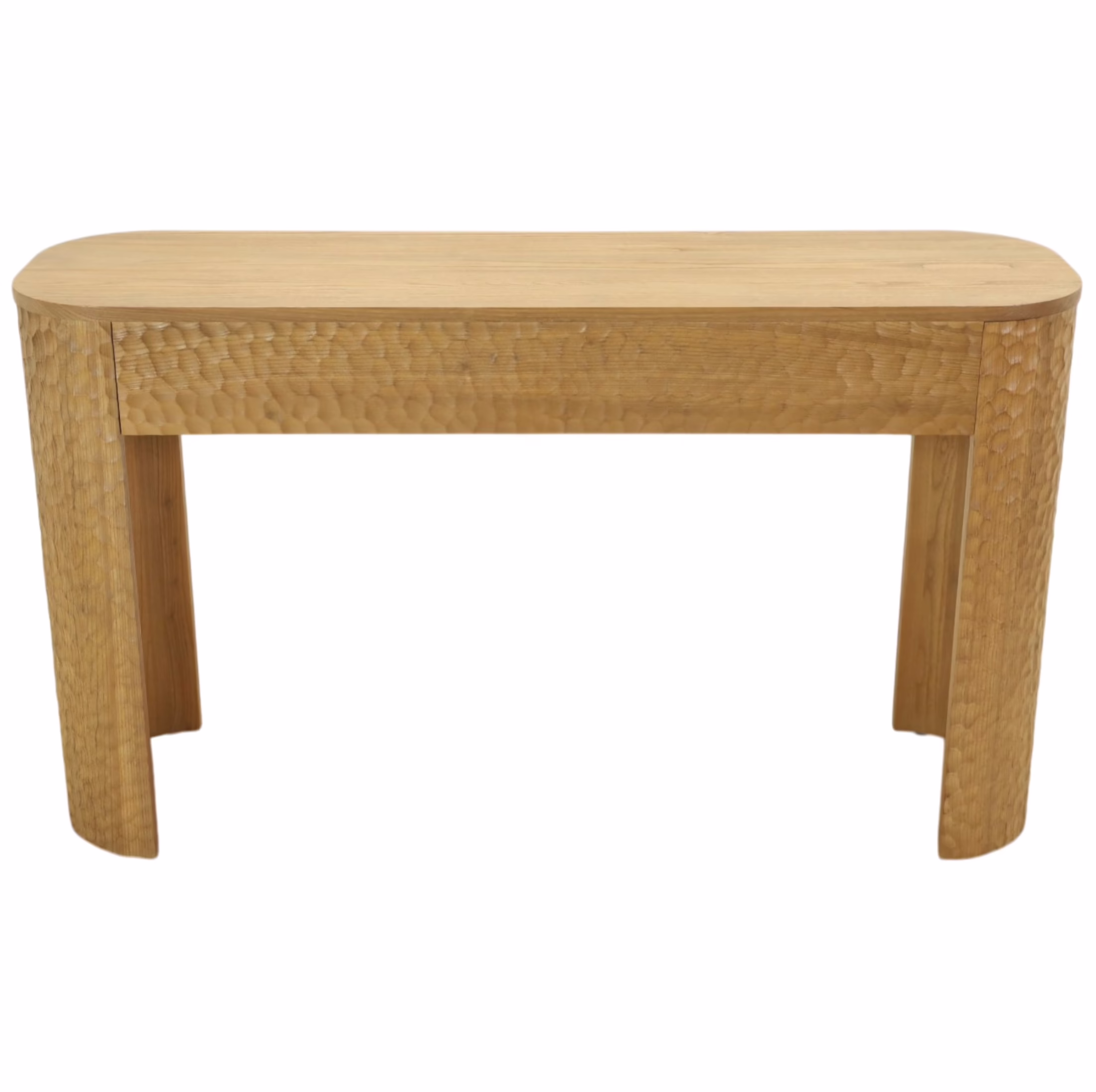 Bogato 55" Solid Oak Console Table, Natural 8 Bogato solid oak console table with sculpted carved texture and rounded architectural silhouette