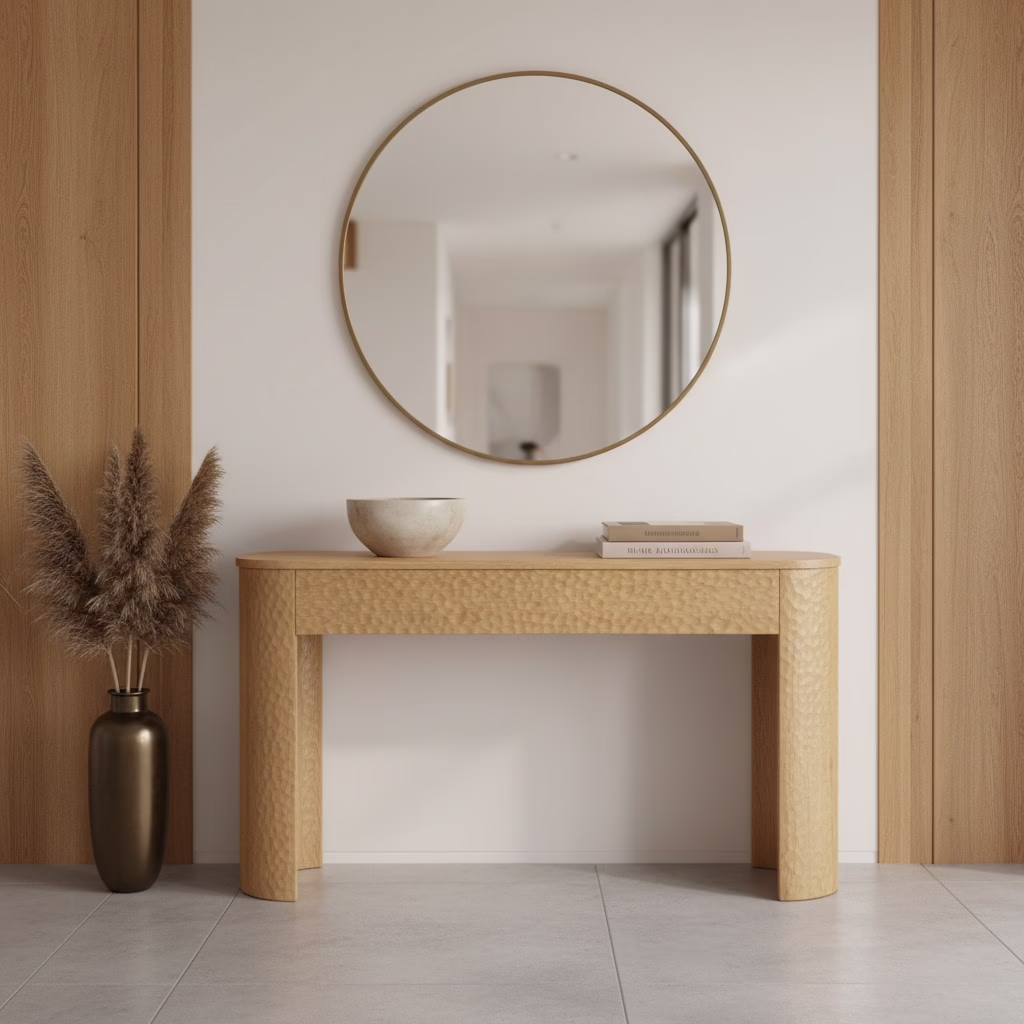 Bogato 55" Solid Oak Console Table, Natural 2 Bogato solid oak console table styled in a warm organic modern entryway