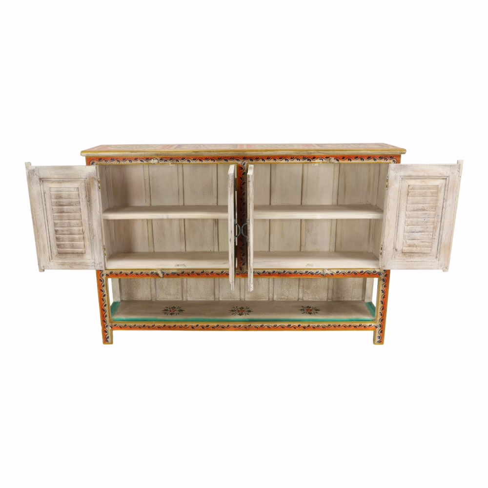 Baseri Hand Painted Four Door Sideboard, MSI 957F 4 hand painted four door sideboard open cabinet showing storage shelves
